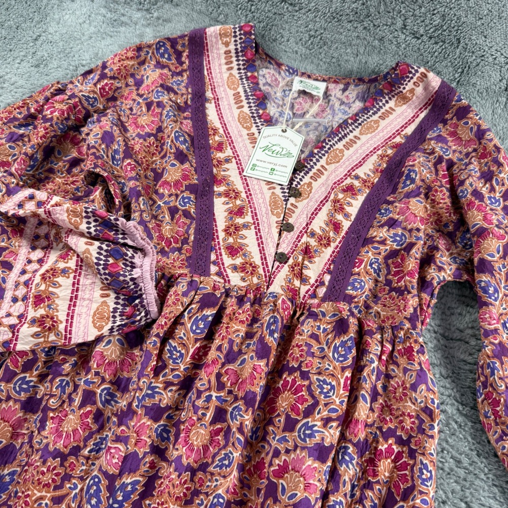 Very J Floral Maxi Dress Womens Medium Purple NWT Boho Tiered Long Sleeve Dress